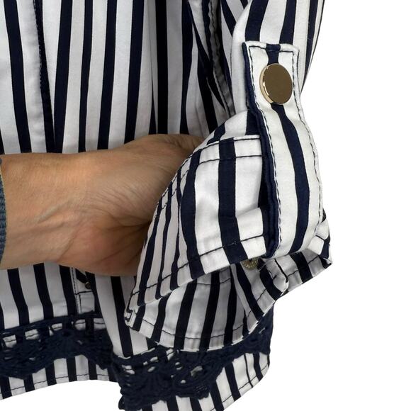 Chicos Navy Blue White Stripe Lightweight Jacket Zipper Front Roll Tab Sleeve XL - Picture 5 of 12